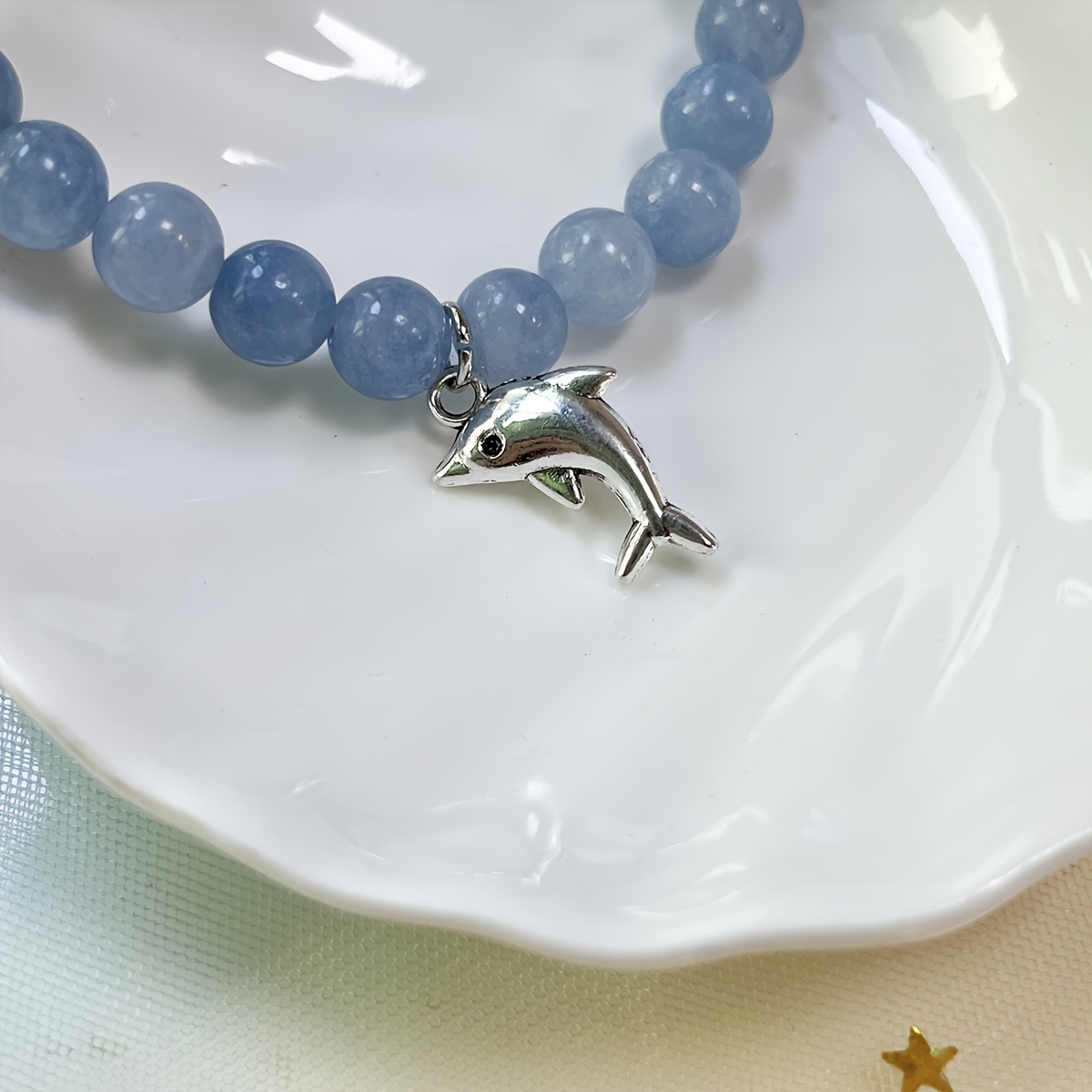 Ocean Themed Natural Aquamarine Dolphin Pendant Bracelet